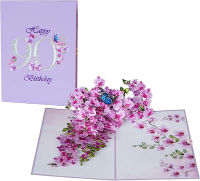 3D Verjaardagskaart 90e met Orchidee - Pop-up Wenskaart voor Moeder, Oma of Dochter (15x20 cm)
