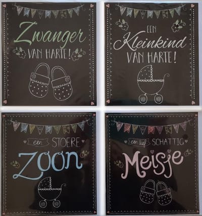 4 Wenskaarten - Geboorte – Zwanger – Kleinkind – Zoon - Meisje – 11 x 12 cm - GEB-011