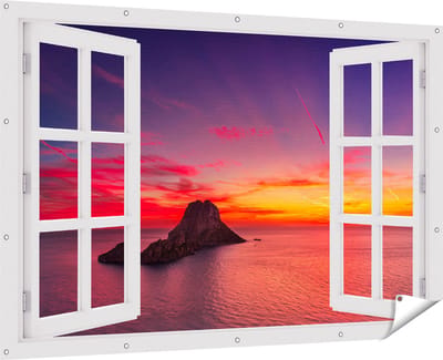 Gards Tuinposter Doorkijk Ibiza Rotsen Eiland bij Zonsondergang - 180x120 cm - Tuindoek - Tuindecoratie - Wanddecoratie buiten - Tuinschilderij