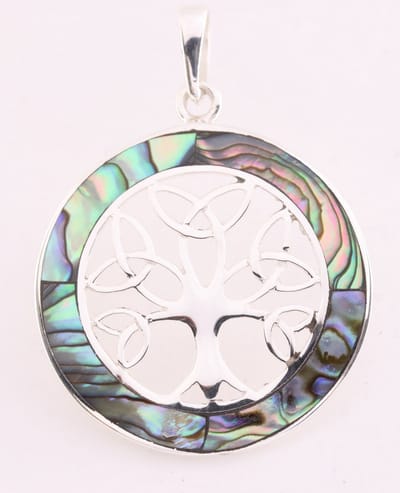 Ronde zilveren levensboom hanger met abalone schelp
