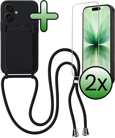 Hoes Geschikt voor iPhone 17 Hoesje Pas Houder Case Hoes Met Koord Met 2x Screenprotector - Hoesje Geschikt voor iPhone 17 Hoes Met Telefoonkoord Pasjeshouder Cover - Zwart