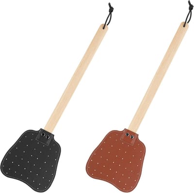 Leren Vliegenmeppers met Lange Houten Handgreep - Set van 2 voor Binnengebruik