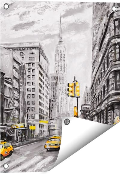 Gards Tuinposter Geschilderde New York Tekening - Zwart Wit - 40x50 cm - Tuindoek - Tuindecoratie - Wanddecoratie buiten - Tuinschilderij
