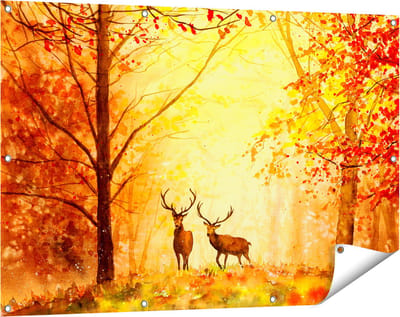 Gards Tuinposter Getekende Herten in het Bos - Herfst - 120x80 cm - Tuindoek - Tuindecoratie - Wanddecoratie buiten - Tuinschilderij