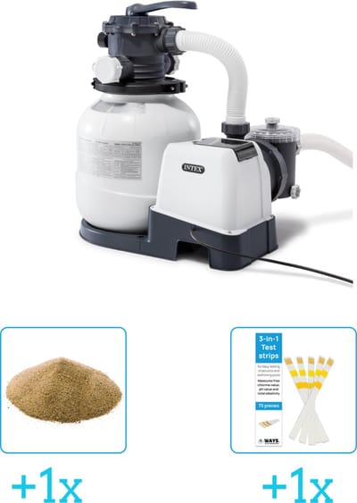 Intex 26646GS Zandfilterpomp - SX2100 - 6000 liter per uur inclusief Interline Vulling Zandfilter 0.4/0.8mm - Zwembad-Toebehoren - 25 kg (1 stuks) & WAYS Testrips (1 stuks)