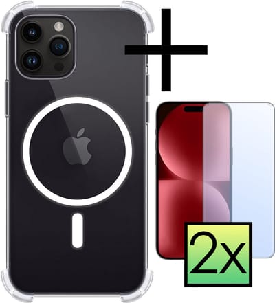 Hoesje - Met 2x Screenprotector - Geschikt voor Apple iPhone 15 Pro - Magsafe Compatible - Sterk & Shockproof - Back Cover - Shock Proof Case - Telefoon Hoes - Transparant