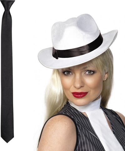 Smiffys - Verkleedkleding set witte gangster hoed en stropdas zwart