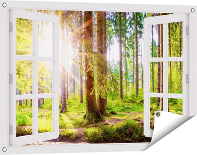 Gards Tuinposter Doorkijk Bos met Zon tussen de Bomen - 90x60 cm - Tuindoek - Tuindecoratie - Wanddecoratie buiten - Tuinschilderij