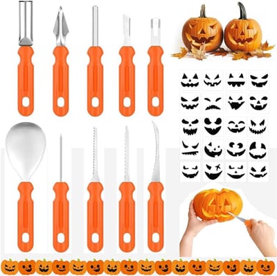 Pompoen Snijset 10 Delig met 20 Sjablonen - Veilig Gereedschap voor Halloween Uithollen