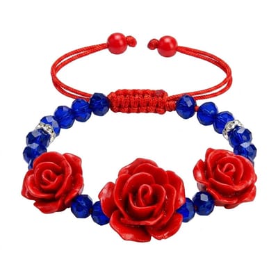 Rood blauwe kralen armband voor dames – verstelbare koord armband met rode rozen bloemen – decoratieve armband met glaskralen