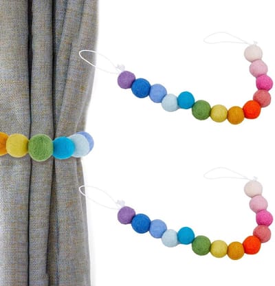 Dailygoody - Gordijn Stropdas - Kleurrijke Vilten Ballen - Decoratieve Holdbacks - 41 cm - Geschikt voor Thuis en Kantoor - Regenboog Kleur