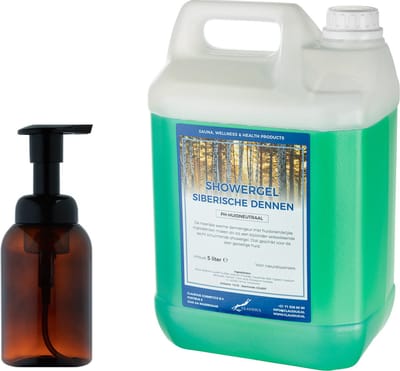 Zeepdispenser 300 ml amber bruin hervulbaar + 5 liter Showergel Siberische Dennen navulling