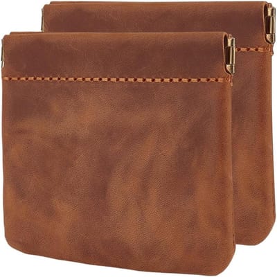 SnelShoppen - 2 Stuks Bruin Lederen Kleine Squeeze Portemonnee Organizer - Duurzaam Echt Leer - 12 x 10.2 cm - Cosmetica en Verandering Houder - Perfe