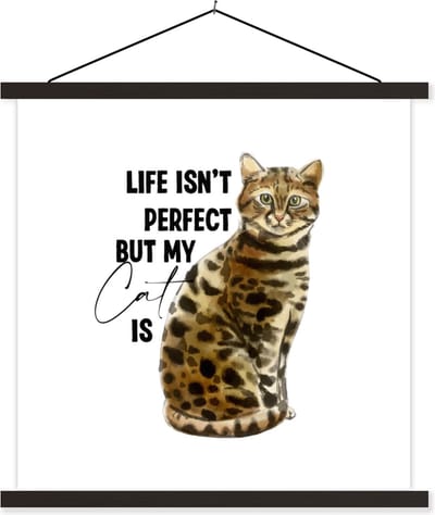 Posterhanger incl. Poster 60x60 cm - Schoolplaat - Life isn't perfect but my cat is - Quotes - Spreuken - Katten - Textielposter - Zwarte latten