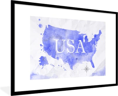 Poster in lijst - Fotolijst 90x60 cm - Posters - Verenigde Staten - Blauw - Wereldkaart - Posterlijst zwart - Decoratie - Wanddecoratie woonkamer - Muurdecoratie slaapkamer
