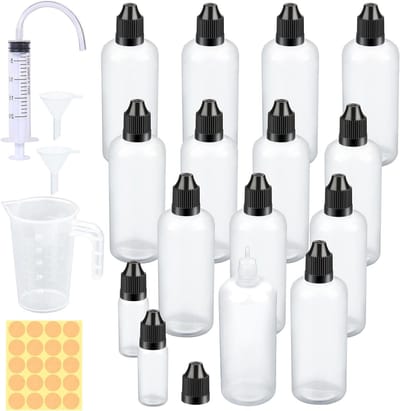 Set van 15 plastic flessen - 13 lege flessen van 100 ml en 2 druppelflessen van 10 ml - Ideaal voor e-liquid, DIY-projecten en knutselen