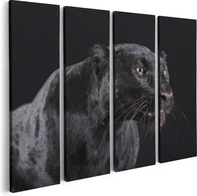 Artaza Canvas Schilderij Vierluik Zwarte Panterkop - Panter - 80x60 - Foto Op Canvas - Canvas Print