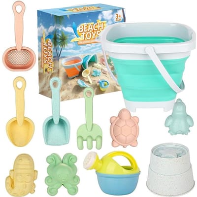 11 stuks strand speelgoed set geschenkverpakking zand speelgoed voor kinderen zandbak speelgoed met opvouwbare emmer schep set zandvormen zomer buiten groen