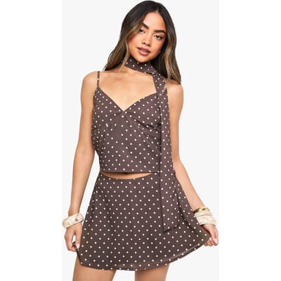 boohoo Dames Polka Print Floaty Mini Rok | Chocoladebruin | Maat: 40