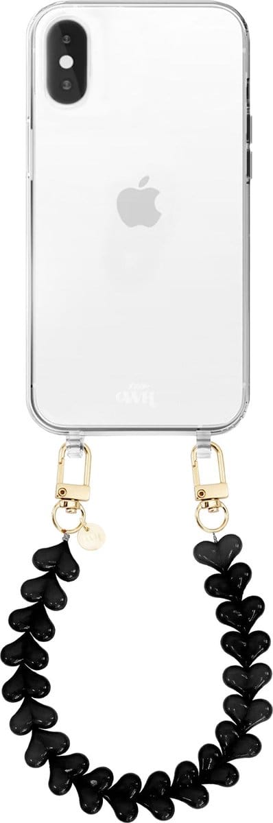 xoxo Wildhearts siliconen hoesje - Geschikt voor iPhone XS Max hoesje - Funky Hearts - Telefoonhoesje - Hoesje met koord - Zwart koord - kort telefoonkoord - Hartjes ketting - Transparant hoesje