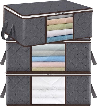 longziming -Set van 3 Opbergzakken 35L – Opvouwbare Kledingopbergers met Transparant Venster – Geschikt voor Onder Bed & Kast – Voor Dekbedden, Dekens en Kleding – Grijs
