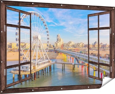 Gards Tuinposter Doorkijk Scheveningen Pier met de Ferris Wheel - Reuzenrad - 180x120 cm - Tuindoek - Tuindecoratie - Wanddecoratie buiten - Tuinschilderij
