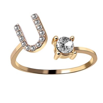 Ring Met Letter - Ring Met Steen - Letter Ring - Ring Letter - Initial Ring - (Zilver 925) Gold-Plated Letter U - Cadeautje voor haar