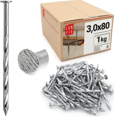 LUN FIX - Drallschaft 3 x 80 mm - 1kg (ca. 215 stk.) - Onverzinkte bouwspijker - Houten spijkers voor bouwwerkzaamheden
