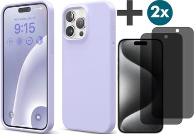 Hoesje met Privacy Screenprotectors 2 Stuks Geschikt voor iPhone 15 Pro Max Hoesje Siliconen - liquid case - Arara Backcover - Lila