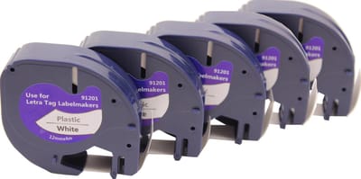 KATRIZ® huismerk label tape voor Dymo 91201 | DYMO LETRATAG LetraTag 100H/LetraTag 100T/LetraTag 2000/LetraTag QX54 | Zwart op Wit | 12mm*4m | 5 stuks