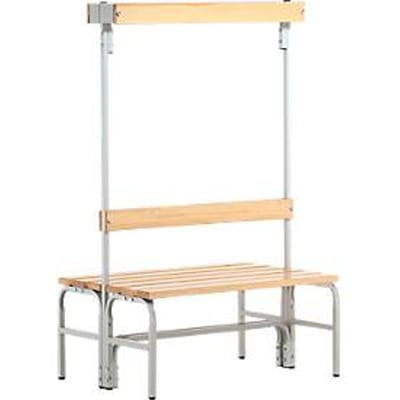 Kleedkamerbank, stalen buizen/hout, dubbel, met garderobedeel, L 1015 mm, lichtgrijs
