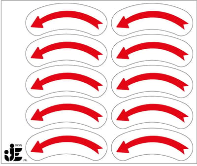 Linkswijzende draairichtingspijl stickers - rood wit - op vel | 5 x 2 cm - 10 stickers per vel