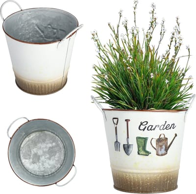 KADAX Bloempot van metaal, retrostijl, pot voor orchideeën, kruiden, geraniums, bloembak, rond, diameter 12 cm, met handgrepen