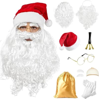 Kerstman Kostuum voor Volwassenen met Peruc, Baard, Hoed, Handschoenen en Kersttas - Complete Outfit voor Feestdagen en Kerstviering