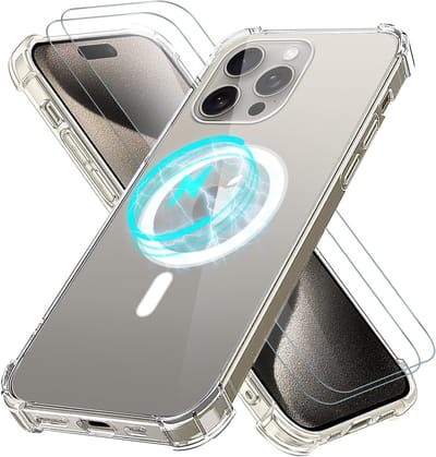 Hoesje Geschikt voor iPhone 15 Pro Magsafe hoesje transparant backcover Anti Shock Met 2 Stuks screenprotectors