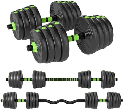 3-in-1 Verstelbare Dumbbells, Halter & Kettlebell Set - Gewichten Set met 16 Schijven: 4 x 2,5 kg, 4 x 2 kg, 4 x 1,5 kg, 4 x 1,25 kg- 30 KG Verstelbare Halterset - Thuis Fitness - Thuisgym - Zwart/Groen
