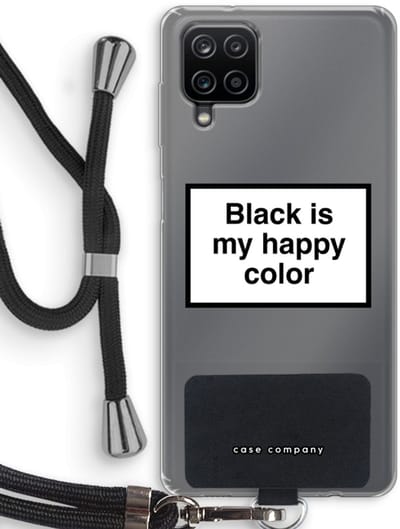 Hoesje met koord geschikt voor Samsung Galaxy A12 hoesje met Koord - Black is my happy color - Telefoonhoesje met Zwart Koord - Bescherming aan alle Kanten en Over de Schermrand