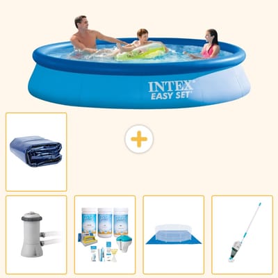 Intex Rond Opblaasbaar Easy Set Zwembad - 366 x 76 cm - Blauw - Inclusief Pomp - Onderhoudspakket - Grondzeil - Stofzuiger - Solarzeil - 6-delig