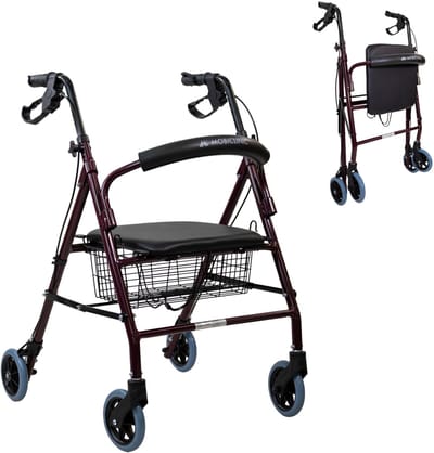 Mobiclinic Escorial - Rollator - Looprek met 4 wielen - Met remmen - Aluminium - Met Stoel en Rugleuning - Opvouwbare en Verstelbare in Hoogte - Wandelaar - Lichtgewicht - Tot 110 kg - Bordeaux