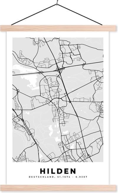 Posterhanger incl. Poster 40x60 cm - Schoolplaat - Stadskaart - Duitsland - Plattegrond - Hilden - Kaart - Textielposter - Blanke latten - Stadskaart