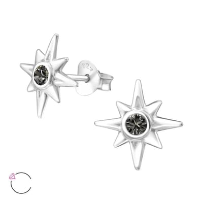 Aramat Jewels | Oorbellen | Zilveren Ishtar Ster Oorbellen - Black Diamond Kristal | | | |11mm | Zilver | Kinderen, Volwassenen | Verkleurd niet