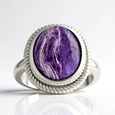 Cavill - Zilveren Ring met Ovale Charoite Cabochon 4,063 ct - 925 Sterling Zilver Gerhodineerd - Paarse Edelsteen, Elegant Design, Maat 16-21