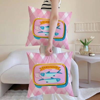 Schattige Kust Charme Sardines Kussensloop Anti-huisstofmijt Kussensloop Onzichtbare rits zijdezacht kort pluche Bankkussenhoes 40x40cm