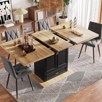 Wishdor - Uitschuifbare Eettafel Met Opbergruimte, Twee Deuren En Lade - Klassiek Ontwerp - Voor Keuken En Eetkamer - MDF En Metaal - Natuurlijke Houtlook - 110-140 X 80 X 75 Cm