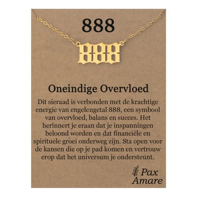 888 Engelen Getal Ketting op Cadeau Kaartje - Goudkleurig - Stainless Steel Spirituele Hanger - 45cm + 5cm verstelbaar - Pax Amare