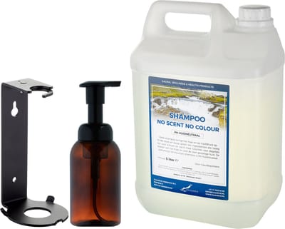 Zeepdispenser 300 ml amber bruin hervulbaar + 5 liter Shampoo No Scent No Colour navulling (inclusief beugel)