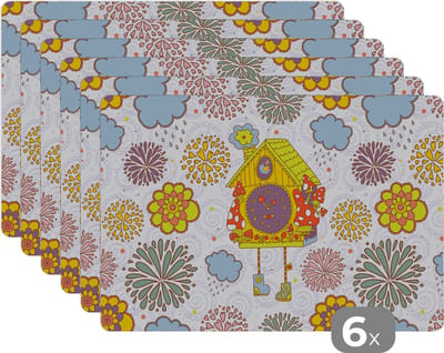 Placemat - Placemats kunststof - Koekoeksklok - Patronen - Paddenstoel - Bloemen - 45x30 cm - 6 stuks - Hittebestendig - Anti-Slip - Onderlegger - Afneembaar