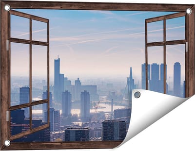 Gards Tuinposter Doorkijk Rotterdamse Skyline - 60x40 cm - Tuindoek - Tuindecoratie - Wanddecoratie buiten - Tuinschilderij
