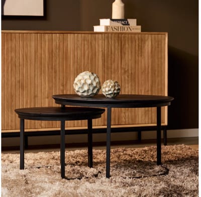 StarFurn Salontafel Otik - Rond Zwart Hout - Set van 2 - 70x70x45cm
