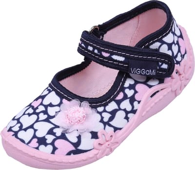 ADA DRUK - Marineblauwe en roze schoenen, slofjes, pantoffels met hartjes, klittenband